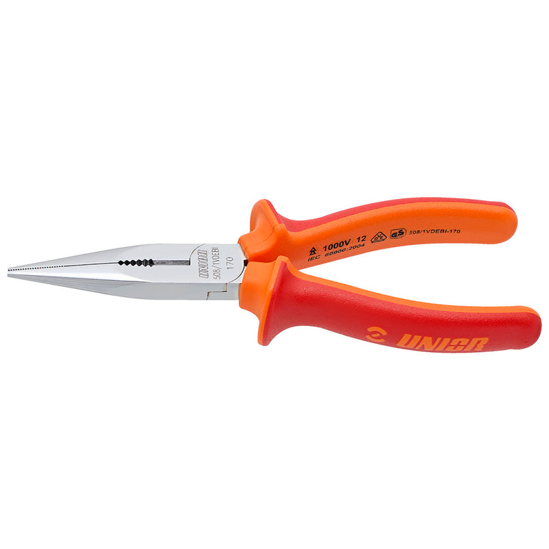 UNIOR LONG NOSE PLIERS WITH SIDE CUTTER AND PIPE GRIP, STRAIGHT