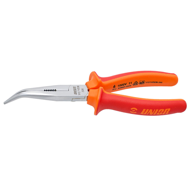 UNIOR LONG NOSE PLIERS WITH SIDE CUTTER AND PIPE GRIP, BENT