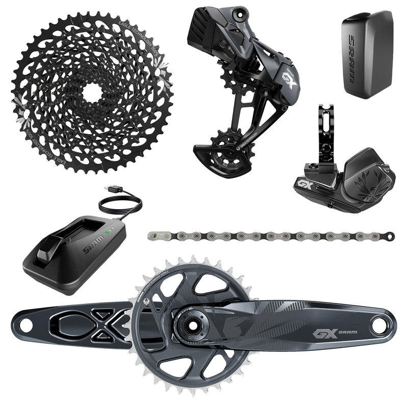 SRAM GX EAGLE AXS DUB GROUPSET - 10-50T - INCLUDES: REAR DER & BATTERY, TRIGGER SHIFTER WCLAMP, CRANKSET DUB 12S 170/175 BOOST WDM 32T XSYNC2 CHAINRING, GX EAGLE CHAIN, CASSETTE XG-1275 10-50T, CHARGER/CORD, CHAINGAP GAUGE