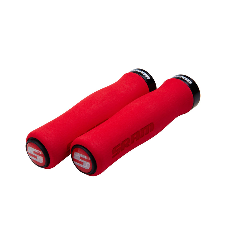 SRAM LOCKING GRIPS CONTOUR FOAM 129MM RED WITH SINGLE BLACK CLAMP AND END PLUGS