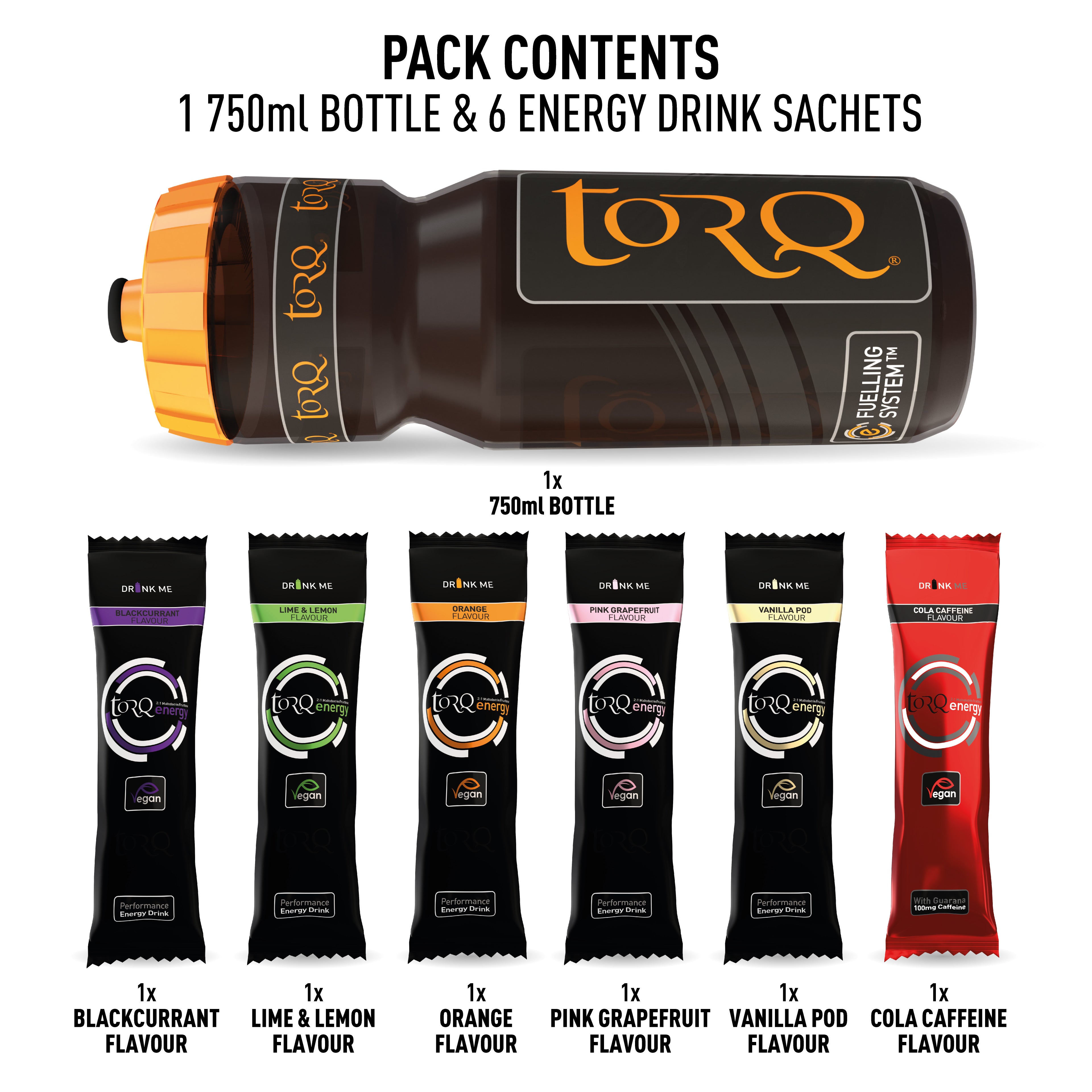 TORQ ENERGY 750ML BOTTLE SAMPLE PACK - 6 DRINKS (5 X STANDARD, 1 X CAFFEINATED)